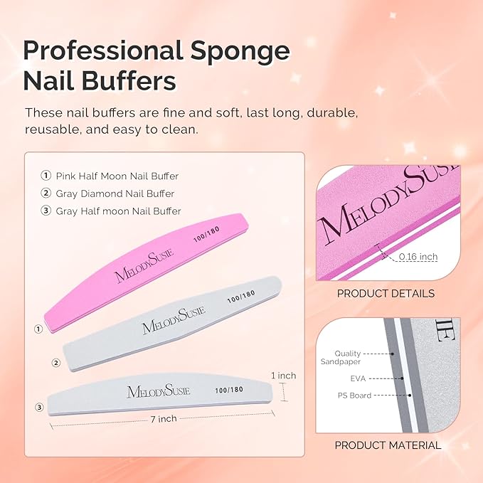 MelodySusie 9Pcs Nail Buffers Set,Nail Files and Buffers,100/180 Grit, Diamond Nail Buffer, Professional Nail Care Tools Kit for Home Use,Salon