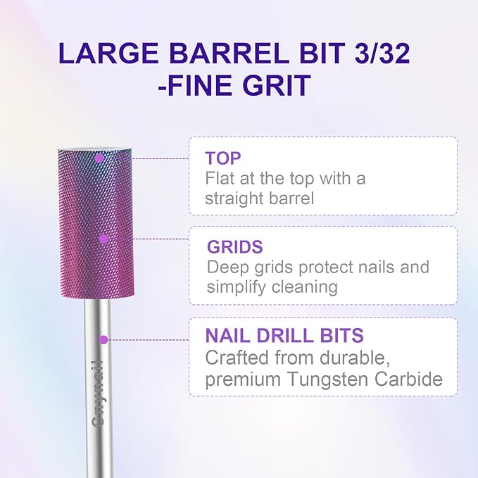 3/32" Large Barrel Bit Tungsten Carbide Nail Drill Bit Safety Bit for Gel & Acrylic Removal, 2- Way Rotating Efile Tip, Salon Electric File Accessory (XXF Girt, Purple)