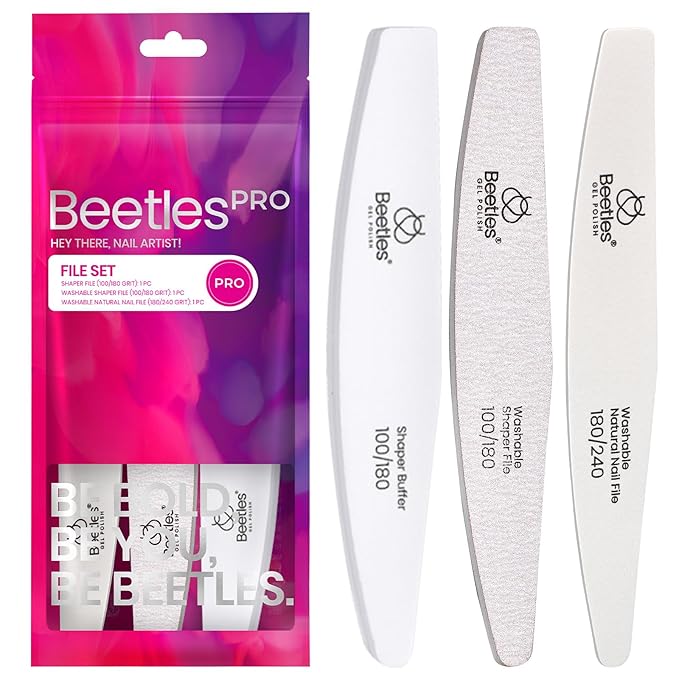 Beetles Pro 3-Pcs Nail File Nail Buffer - Professional 100/180/240 Grit Nails Files and Buffers Double Sided Washable Shaper Files for Acrylic, Gel & Natural Nails – Salon Quality Manicure Tool