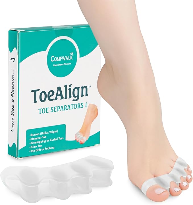 Comfwalk® ToeAlign™ – Toe Separators for Men & Women – Toe Straightener Stretcher – Corrects Bunions, Overlapping Toes, Hammer Toes, Claw Toes – Soft Medical-Grade Silicone Toe Spacers (Transparent)