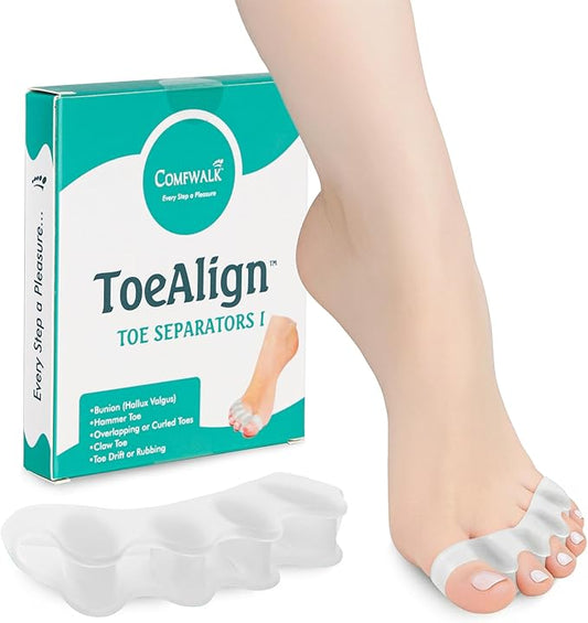 Comfwalk® ToeAlign™ – Toe Separators for Men & Women – Toe Straightener Stretcher – Corrects Bunions, Overlapping Toes, Hammer Toes, Claw Toes – Soft Medical-Grade Silicone Toe Spacers (Transparent)