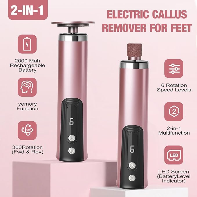 Callus Remover for feet, Electric Foot Callus Remover, Foot File with 6 Adjustable Speed, Foot Scrubber Scraper with 2 Grinding Heads & Sandpaper Discs, Pedicure Tools for feet with Digital Display