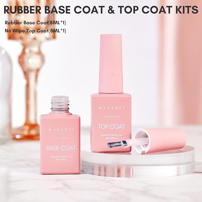 Makartt Rubber Base and Top Coat Gel Nail Polish Set: Includes Pale Petal Base Gel Polish and Long-Lasting Clear No Wipe Top Coat UV LED Lamp Needed (2PCS x 8ML)