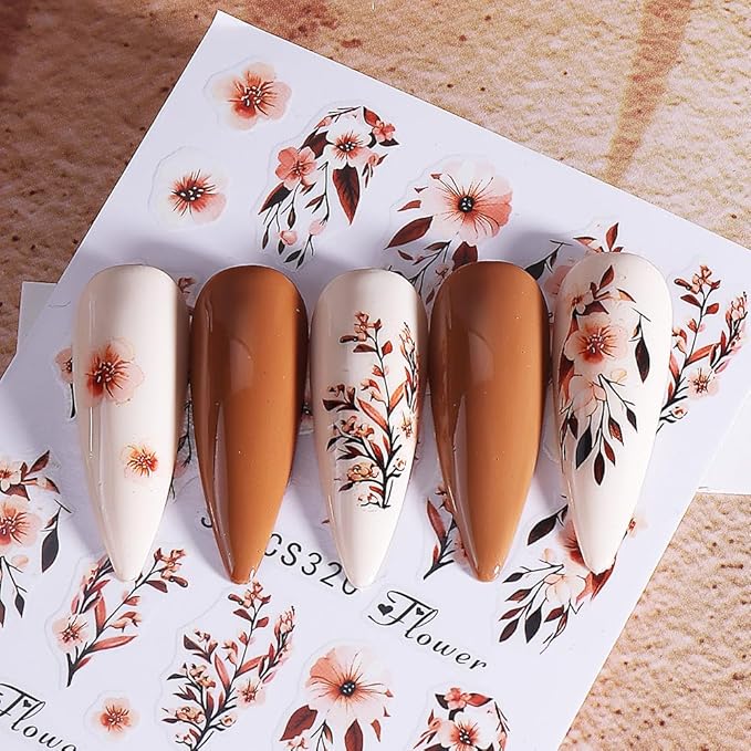6Pcs Fall Nail Stickers Brown Orange Black Flower Leaves Nail Decals DIY Self Adhesive Autumn Leaves Design Thanksgiving Nail Decoration Supplies Winter Holiday Manicure Accessories for Women Girls