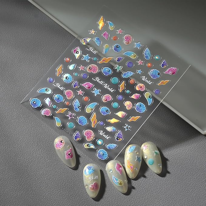 Ocean Nail Art Stickers Summer Nail Art Decals Marine Life Nail Stickers Starfish Seashell Nail Design Stickers with Pearl Rhinestone 5D Embossed Nail Decals Sea Nail Art Supplies for Women Manicure