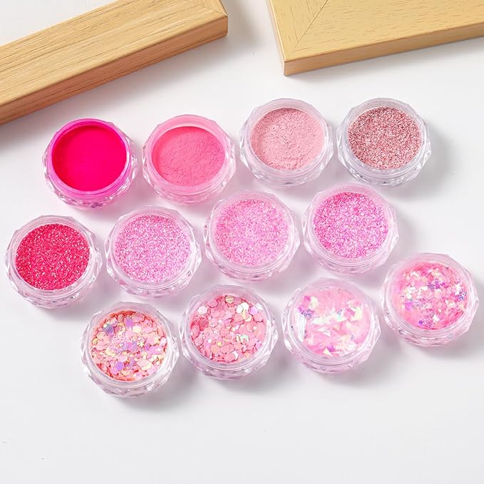 Pink Nail Glitter Powder, 12pcs Nail Art Sequins Dust Set, Holographic Paillette Sparkle Flakes for Acrylic Tips Manicure Decorations