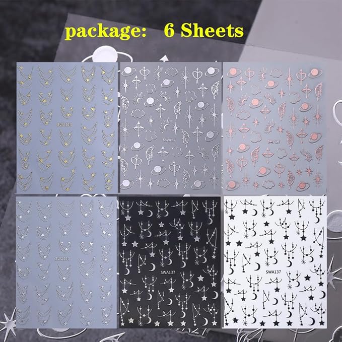 6 Sheets Star Nail Stickers for Nail Art, 3D Self-Adhesive Nail Decals, Moon Butterfly Nail Supplies Nail Art Design Accessories for Women Girls Manicure DIY Decoration
