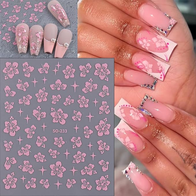 6Pcs Flowers Nail Art Stickers Decals 3D Pink Hibiscus Flower Nail Stickers Rose Gold Silver Yellow White Floral Nail Art Design Decoration Daisy Petals Nail Decals Cute Nail Supplies for Women Girls