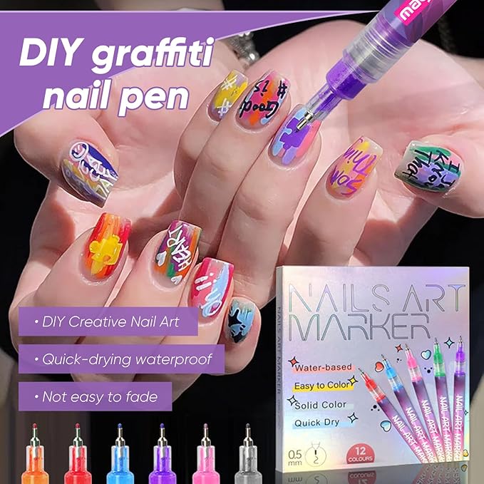 12 Color Nail Art Pens Set, 0.5mm Fine Tip Nail Polish Pen for Precise DIY Nails Art Design at Home, Quick-Dry & Waterproof, Nail Art Painting Pens Kit for Beginners