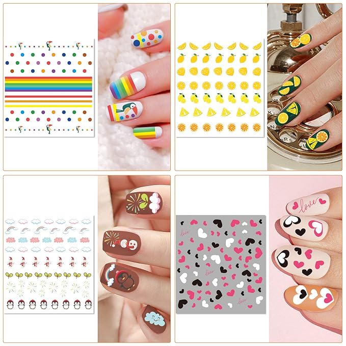 24 Sheets Nail Stickers for Girls Women and Kids, Nail Art Stickers Bunny Penguin Duck Flower Heart Star Rainbow Cloud Snow Lucky Clover Maple Watermelon Fruit for Nail Art Decoration with Tweezers