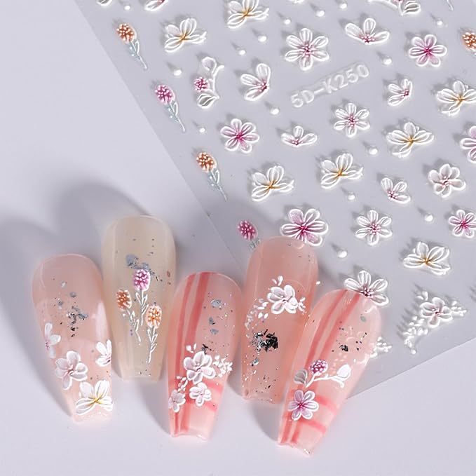 JMEOWIO 3D Embossed Flower Nail Art Stickers Decals Self-Adhesive Pegatinas Uñas 5D Summer Spring Floral Nail Supplies Nail Art Design Decoration Accessories 4 Sheets