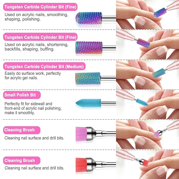 30Pcs Nail Drill Bits Set, 3/32 Inch Tungsten Ceramic Diamond Carbide Nail Drill Bits for Acrylic Gel Polish, Cuticle Efile Remover for Manicure Pedicure