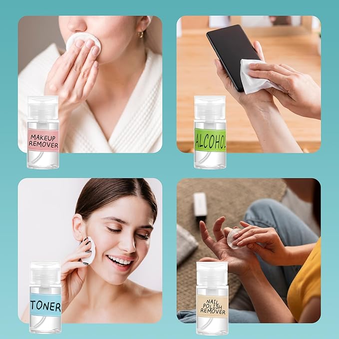3 Pack Push Down Pump Dispenser,Clear Push Top Empty Bottles with DIY Stickers for Alcohol,Nail Polish,Makeup Remover,Toner (150ml)