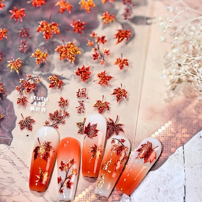 1 Sheets Fall Nail Stickers for Nail Art 5D Embossed Thanksgiving Nail Art Stickers Red Shiny Maple Leaf Nail Decals Self-Adhesive Autumn Holiday Nail Designs for Women Manicure Decoration Supplies