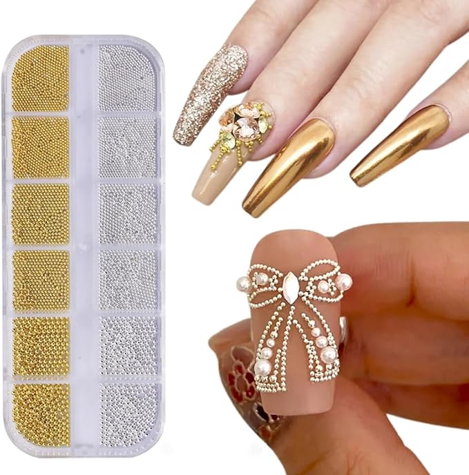 0.8mm Caviar Beads for Nails 6 Sizes Mini Small Stainless Steel Nails Art Decorations Gun Grey Beads DIY Tool Studs Accessories Gold Charms for Nails Small Gems Variety Pack(Yellow)