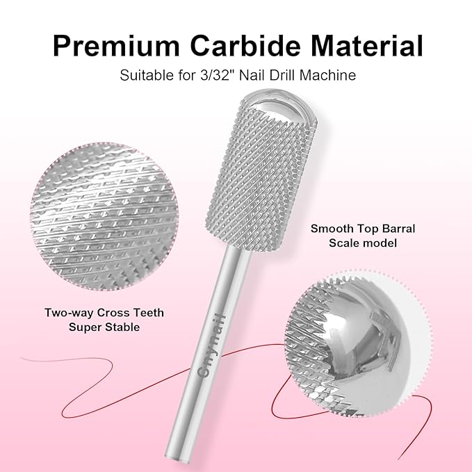 3/32" Large Barrel Smooth Round Top Tungsten Carbide Nail Drill Bit Safety Bit for Gel & Acrylic Removal, 2-Way Rotating Efile Tip, Salon Electric File Accessory (F Grit, Silver)