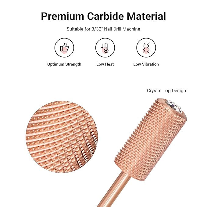 MelodySusie Crystal Top Nail Drill Bits, 3/32'' Large Barrel Carbide Bits, Suitable for Manicure Pedicure Cuticle Gel Polishing, Beginners Bits, Rose Gold, Series Bit-S, Fine