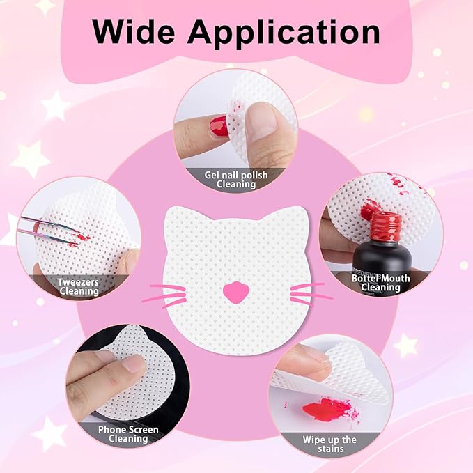MEKK 400PCS Lint Free Nail Wipes for Nail Polish Remover,Cat Shape Eyelash Extension Glue Wipes,Super Absorbent Soft Non-Woven Acetone Gel Nails Wipes Dry Wipes for Nail Prep(White)