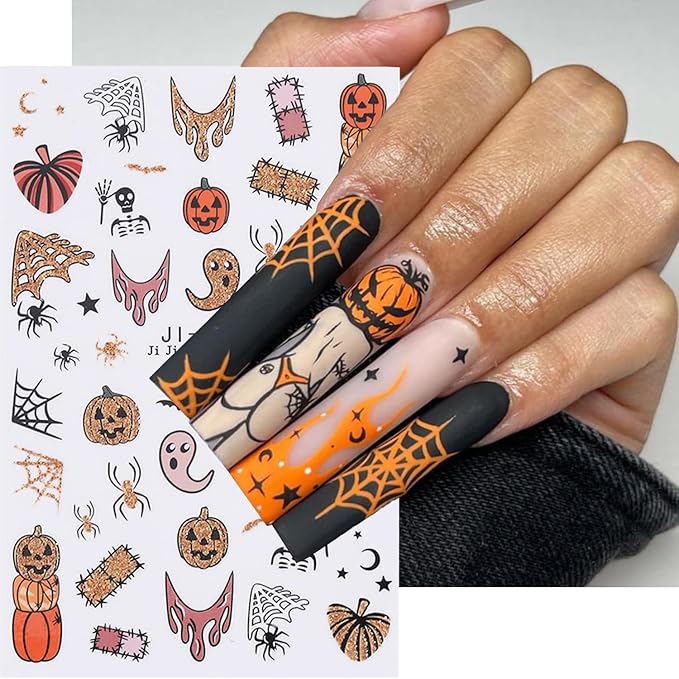 Halloween Nail Art Stickers Glitter Pumpkin Spider Web Nail Decals 3PCS Ghost Spider Gold French Tip 3D Self-Adhesive Design Halloween Nail Stickers Nail Art Supplies for Women DIY Manicure Decoration