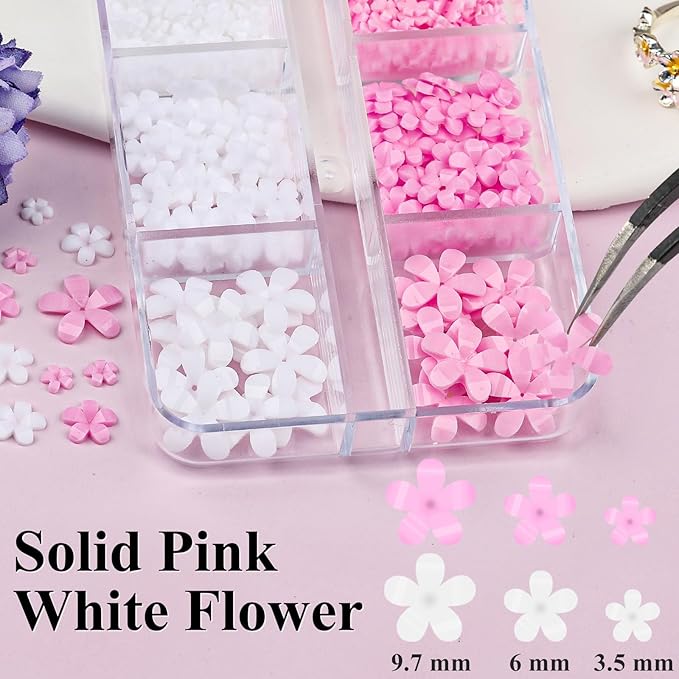 4 Boxes 3D Flower Nail Charms and Gems - Pink/White Nail Flower & Bow Charms Crystal AB Clear Gemstones Silver/Gold Caviar Beads White/AB Pearls for Women DIY Manicure Crafts (20-S4-PinkWhite)
