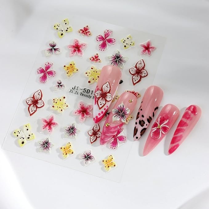 4 Sheets Flower Nail Art Stickers 5D Self Adhesive Spring Nail Stickers for Nails Art Colorful Flower Nail Decals Embossed Design Cute Nail Sticker for Women DIY Acrylic Nails