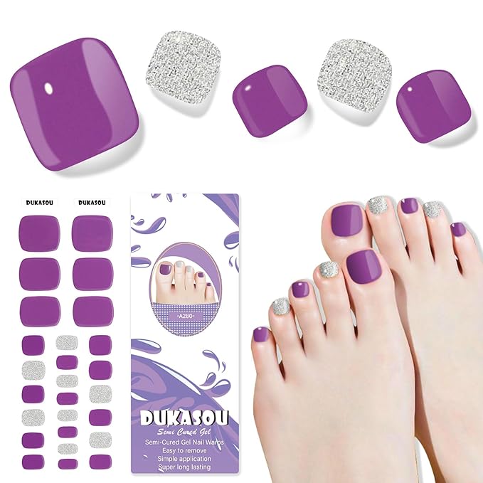 Semi Cured Gel Toe Nail Strips,26 Pcs Toes Nail Stickers Wraps(Purple),UV Light Required,Easy to Apply