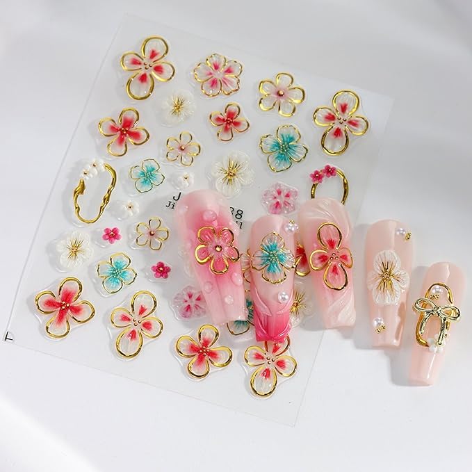 4 Sheets Flower Nail Art Stickers 5D Self Adhesive Spring Nail Stickers for Nails Art Colorful Flower Nail Decals Embossed Design Cute Nail Sticker for Women DIY Acrylic Nails