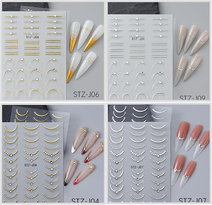 4 Sheets French Tip Nail Art Stickers 5D Simple Gold Silver Line Nail Stickers with Shiny Diamond Design Self-Adhesive Nail Decals French Sticker for Women Manicure Decorations