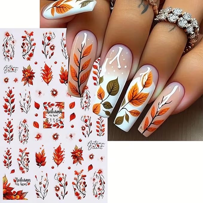 Fall Nail Art Stickers 6PCS Autumn Maple Leaf Nail Decals Fallen Leaves Elk Design 3D Self-Adhesive Nail Art Supplies Fall Leaf Deer Nail Accessories for Women Thanksgiving Day DIY Manicure Decoration