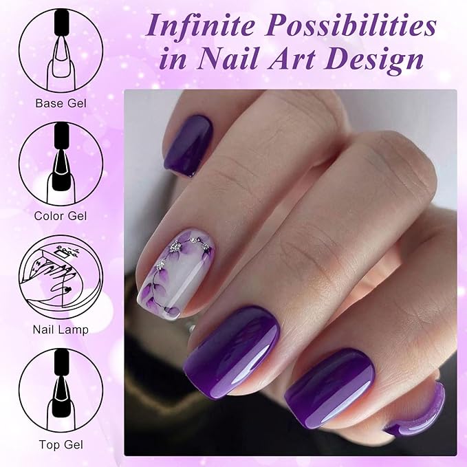 MEET ACROSS 12PCS Gel Nail Polish Set, 12 Colors Gel Nail Kit Art Design Soak Off UV LED,Nail Art Design Gifts for Women (Purple, 12PCS)