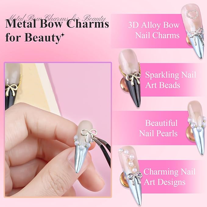 3D Metal Bowknot & AB Pearl and Mini Beads Nail Art Kit - Gold/Silver Alloy Bowknot, 1-2mm Stainless Steel Caviar Beads, 3mm Half Pearls for Professional Salon & DIY Manicure Jewelry Designs (Set 4)