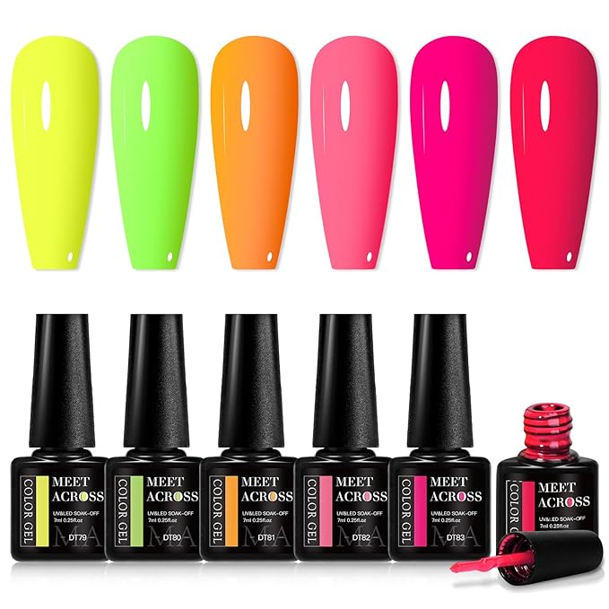 MEET ACROSS Neon Gel Nail Polish Set, Fluorescent Hot Pink Yellow Green Red Spring Summer Nail Polish Kit LED UV Gel Nail Polish Starter Manicure Salon DIY Nail Gel Polish 6 Colors