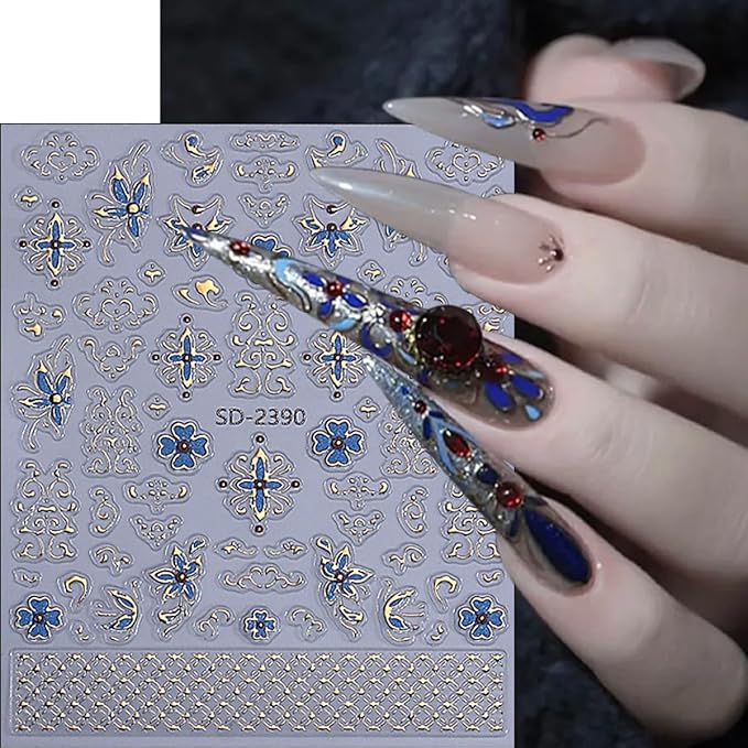 3 Sheets Bohemian Nail Stickers 5D Embossed Vintage Dunhuang Nail Decals Chinese Style Nationality Gems Flower Nail Art Stickers Bronzing Nail Design Supplies for Women DIY Luxury Manicure