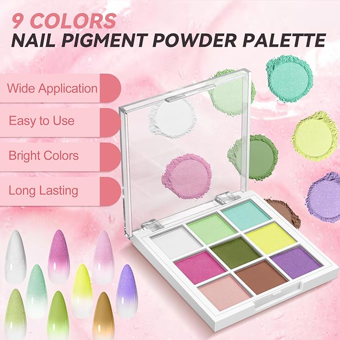 Nail Pigment Powder Palette, 9 Colors Solid Pigment Powder for Nails Ombre Gradient Aura French Manicure, Nail Art Palette Rub Dust Glitter Manicure Home DIY Decoration Accessories, Light Colors