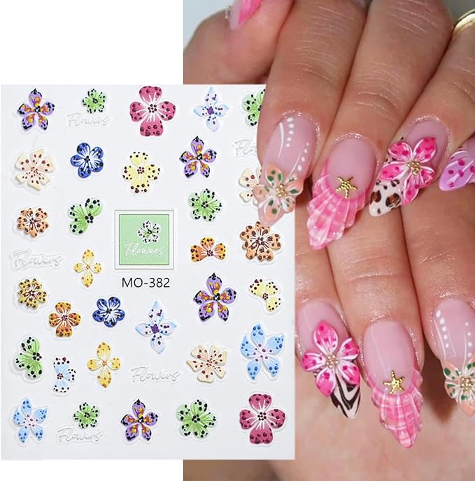 3 Sheets Embossed Flower Nail Stickers for Art - Colorful Floral 5D Self-Adhesive Autumn Flowers Decoration Supplies - Leopard Designs Decals for Women Girls