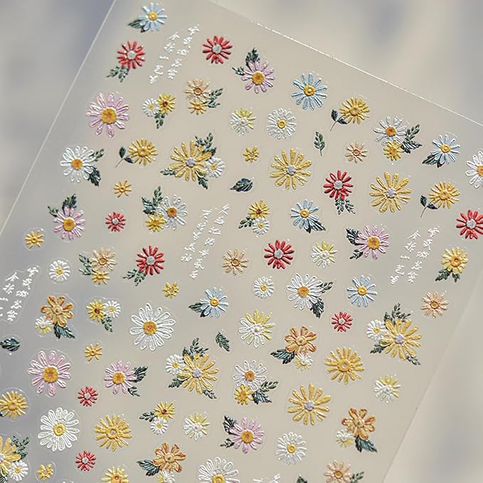 Flower Nail Stickers 5D Embossed Nail Art Stickers White Daisy Floral Self-Adhesive Nail Decals Spring Summer Nails Design Manicure Sliders for Women Girls Nails Art Decoration