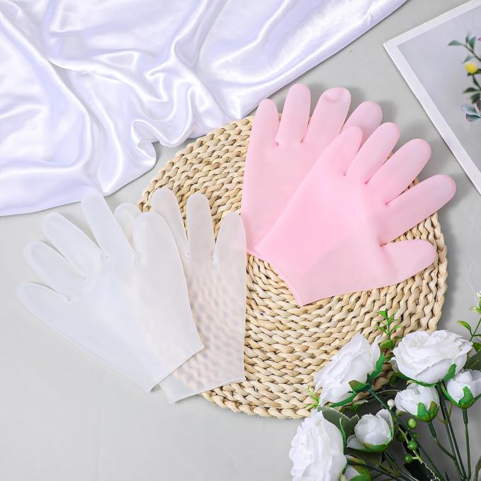 2 Pairs Hand Moisture Gloves,Silicone Gloves for Dry Hands - Moisturizing Glove for Dry Hands, Overnight Moisture Glove for Softening Rough Skin - Pink & White
