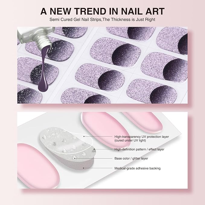 Semi Cured Gel Nail Strips - 30PCS Gel Nail Stickers for UV Light, Long-Lasting Gel Nail Wraps, Salon-Quality Semi Cured Nail Stickers, 2 Weeks Wear, Easy DIY Gel Manicure-Starry Plum