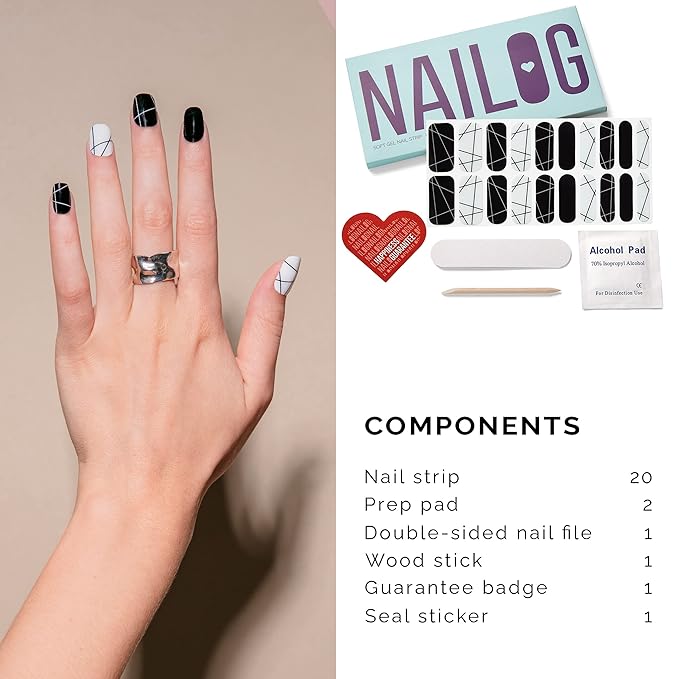 NAILOG Semi Cured Gel Nail Strips 20 Pcs | Buy 2 Get 1 UV Lamp | Extra Long Nail Wraps with Glossy Gel Finishing | B&W Composition