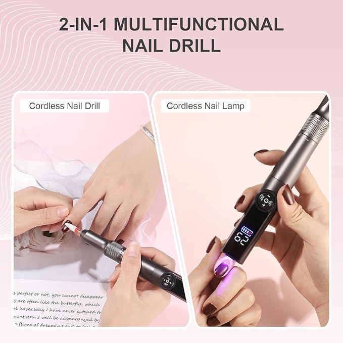 Electric Nail Drill Rechargeable Professional,2 in 1 Nail Grinder & UV Lamp Combo,35000 RPM,Portable Cordless Nail File Machine for Acrylic Nails,Gel Polishing,Shaping Nails,Manicure Art Tools