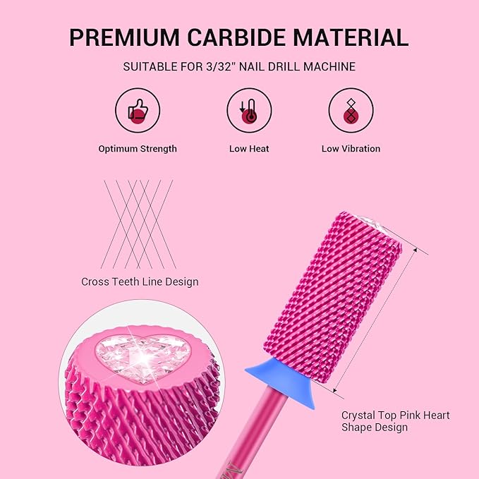 MelodySusie Large Barrel 3/32'' Tungsten Carbide Nail Drill Bit, Crystal Top Pink Heart Shape, Fast Remove Acrylic Gel, Cuticle Gel Polishing for Manicure Pedicure, Pink Blossom, Series Bit-S, Medium
