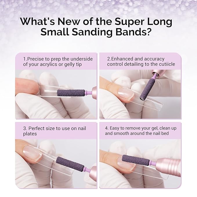 MelodySusie 50 Pcs Nail Drill Bits Super Long Small Sanding Bands with 3.1mm Crystal Mandrel Bit, 240 Extreme Fine Grit Nail File for Acrylic Nails Gel Manicures and Pedicure, Purple