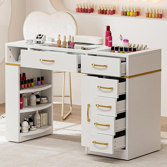 Nail Tech Table with Dust Collector, Glass Top Manicure Table Nail Desk Station w/7 Drawers & 3-Tiers Open Shelves, Nail Beauty Workstation w/Wrist Cushion & Acrylic Display Rack（White）