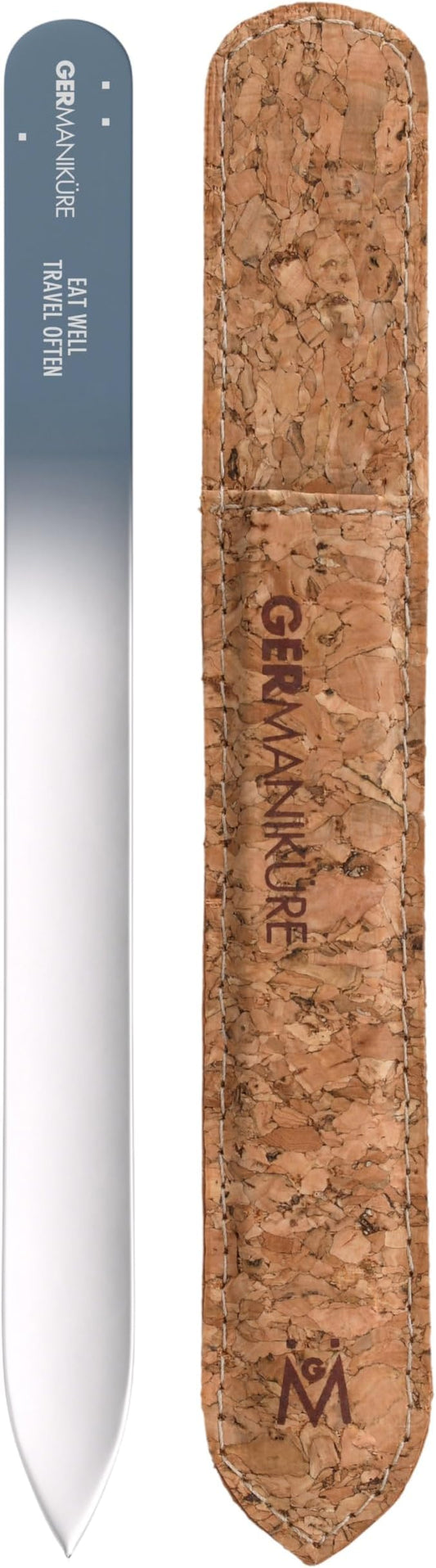GERMANIKURE Glass Nail File in Cork Sleeve - Eat Well Travel Often - Professional Crystal Nail File for Natural Nails - Ideal Manicure & Pedicure Tool for Smooth, Easy Shaping - Nail Care Gift