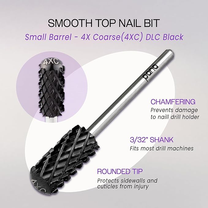 PANA 3/32" Small Smooth Round Top Safety Carbide Nail Drill Bit for Gel Polish & Acrylic Removal Nail Salon Manicure Pedicure Electric File Tools (Small Barrel - DLC Black, 4X Coarse)
