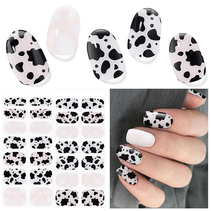 Semi Cured Gel Nail Strips (Cute Dairy Cattle), 28 pcs UV Cow Gel Nail Stickers for Women Work with Any UV Lamps, Salon Quality Nails Wraps for Home DIY Nails Art