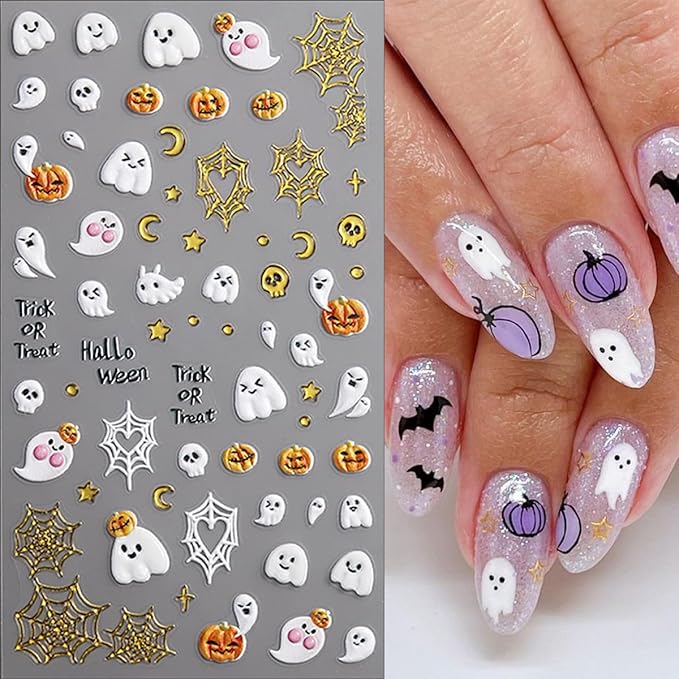 3 Sheets Halloween Nail Stickers for Nail Art, 5D Embossed Halloween Nail Art Stickers Cute Cat Ghost Nails Decals Self-Adhesive Gold Pumpkin Spider Web Nails Supplies for Women DIY Manicure Decor