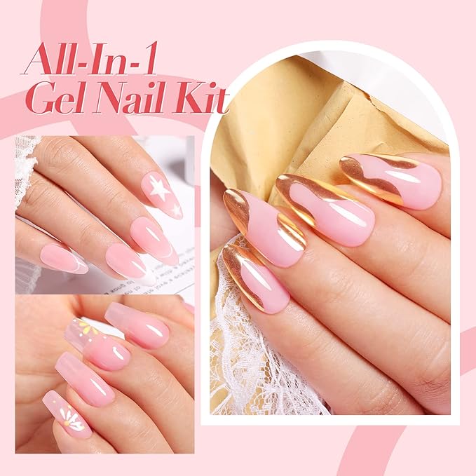 Born Pretty 28Pcs Jelly Gel Nail Polish Kit With U V Light 48W Nail Lamp 12 Colors Jelly Pink Nude Neutral Gel Polish Set with Base/Top Coat Manicure All-In-One Nail Gel Kit Ideal Gifts