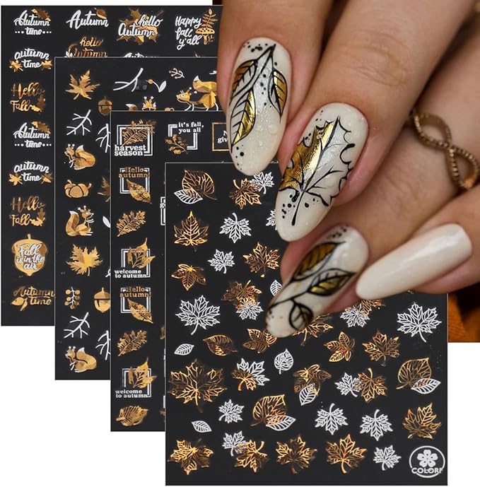8 Sheets Bronzing Fall Nail Art Stickers Decals 3D Self-Adhesive Laser Gold White Leaves Flowers Nail Decals Autumn Maple Leaf Nails Design Stickers Thanksgiving Nail Art Supplies for Women