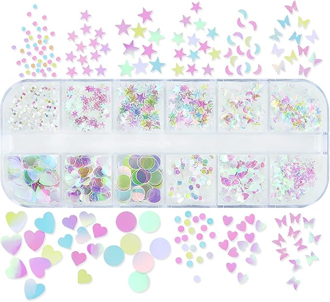 Iridescent Nail Art Glitter Sequins, Holographic 3D Ultra Thin Nail Art Glitter Flakes Designs, Heart Butterfly Round Star Acrylic Nails Supplies for Women Girls Manicure Decorations, DIY Nail Crafts